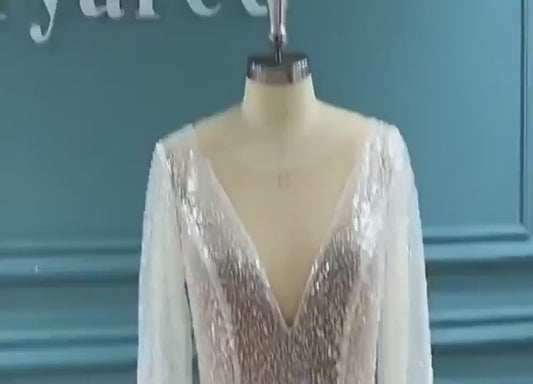 Impresionantes vestidos De novia con cuentas y lentejuelas, mangas largas con cuello en V, vestidos De noche formales para fiesta, bata De matrimonio 