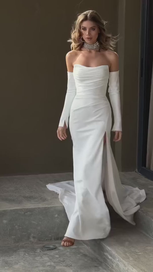 Simple Sweetheart Satin Sheat/Mermaid Wedding Dresses Side Slit Detachable Sleeves Boho Beach Bridal Grown Rode De Marriee