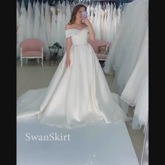 Encantador vestido de novia con hombros descubiertos, manga corta, corte A, largo hasta el suelo, con tren de barrido, vestidos formales de boda para iglesia 