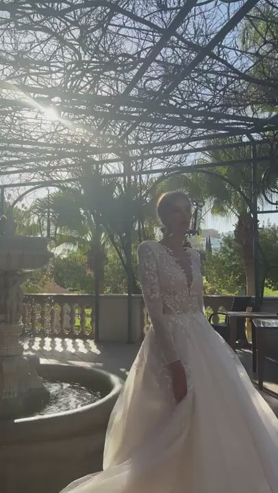 Gaun pengantin renda boho mengkilap garis lengan panjang tulle gaun pengantin gaun pengantin renda vintage