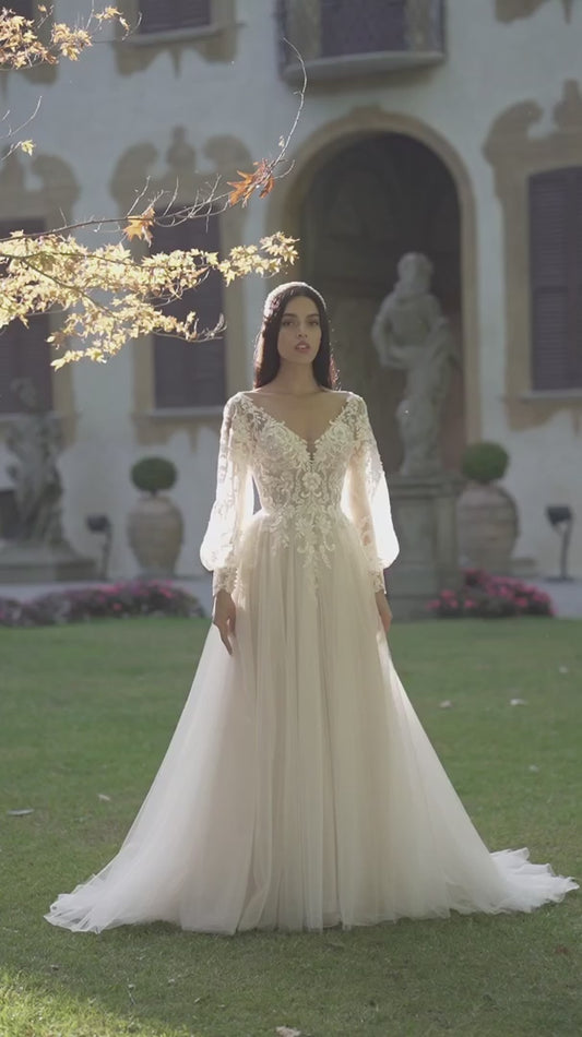 Klassische Brautkleider Eine Linie Puffärmel Spitze gegen Nacken applizierte Spitze Boho Braut Kleid Tüll Vestidos de Novia