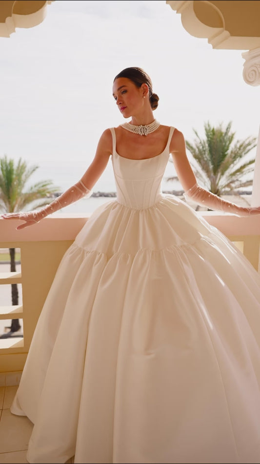 Vestidos de noiva de cetim da princesa para mulheres vestidos de festas de casamento de pescoço quadrado do espartilho