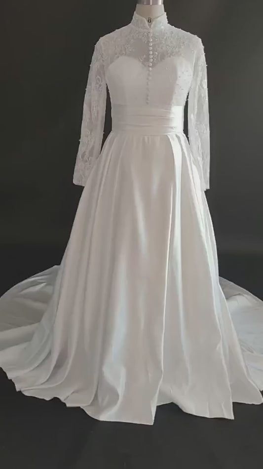 Vestido de novia blanco musulmán elegante con cuello alto y apliques de lentejuelas de manga larga vestido de baile largo hasta el suelo vestido de novia con tren de barrido 