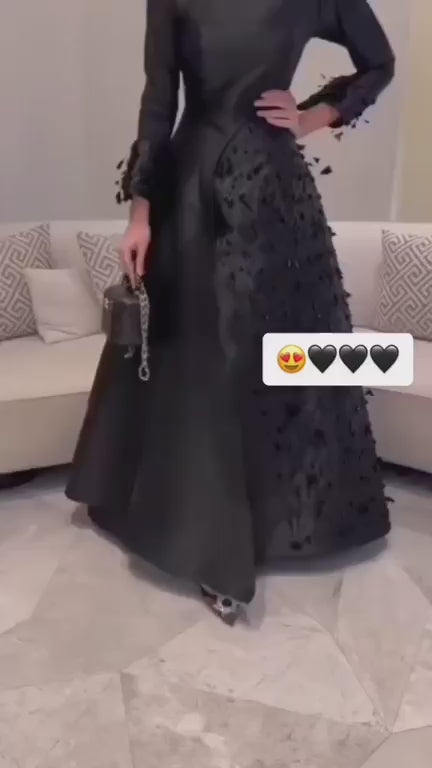 Black Long Sleeves فساتين سهره فاخره  Satin Slim A-line Prom Dresses Nobility Elegantly Handmade Vestidos De Noche