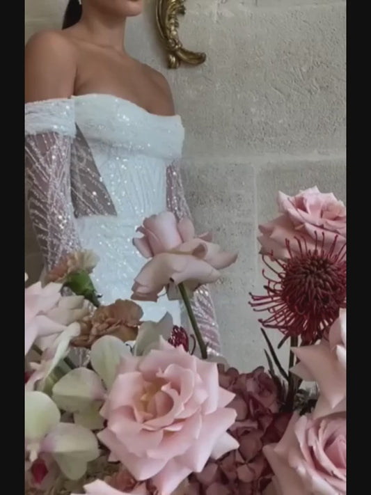 Detachable Train Luxury Wedding Dresses Mermaid Sequins Off Shoulder Long Sleeves Bridal Gown Sexy Side Split Vestido De Novia