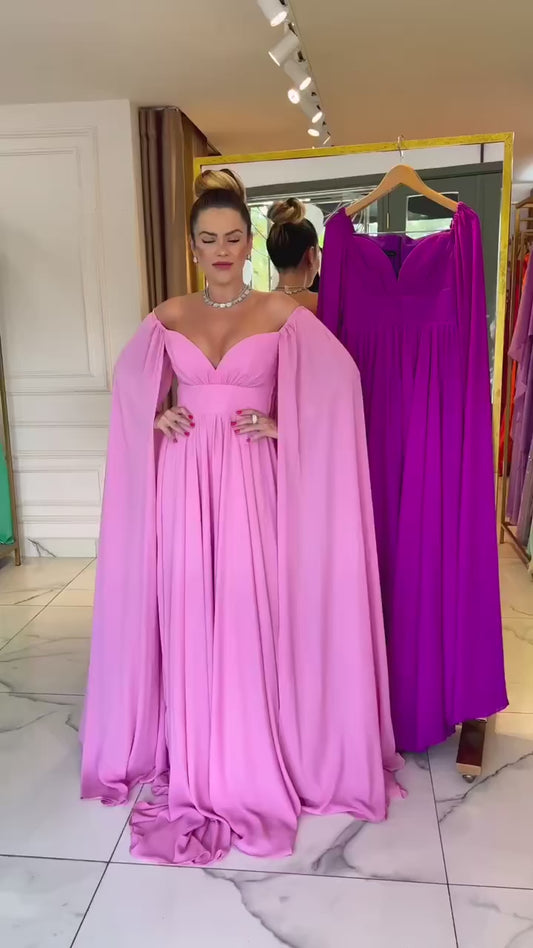 Comfy Chiffon Prom Dress Cape Sleeve Evening Dress Lavender فستان سهرة Sexy V-neck Floor Lenght Party Dresses