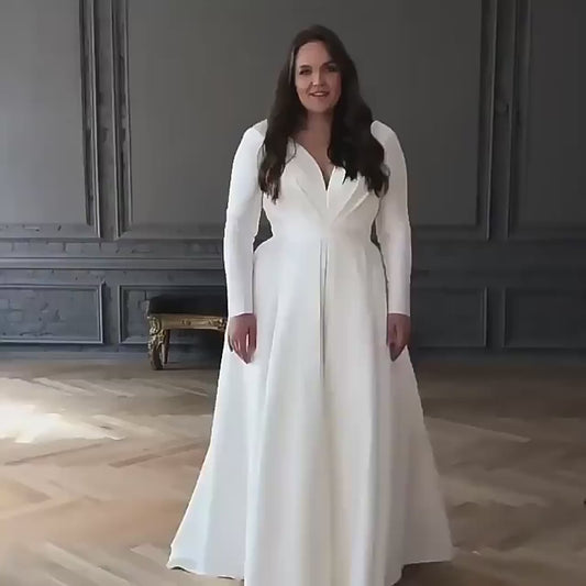 Manches longues col en v robes De mariée De grande taille Simple a-ligne Satin robes De mariée pour femme Sexy classique robe De Mariages 