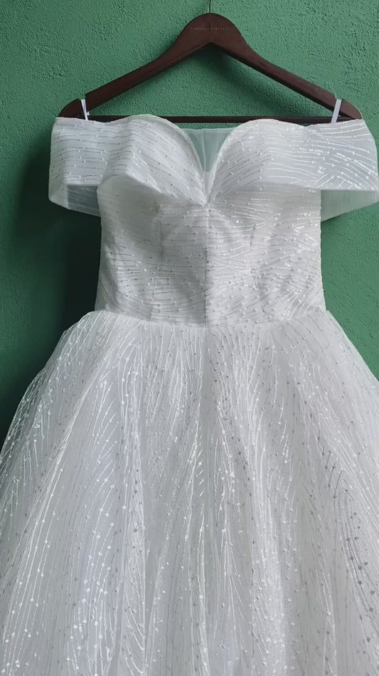 Vestido De novia De lentejuelas De lujo, Vestido De novia clásico con cuello barco y hombros descubiertos, Vestido De novia personalizado 