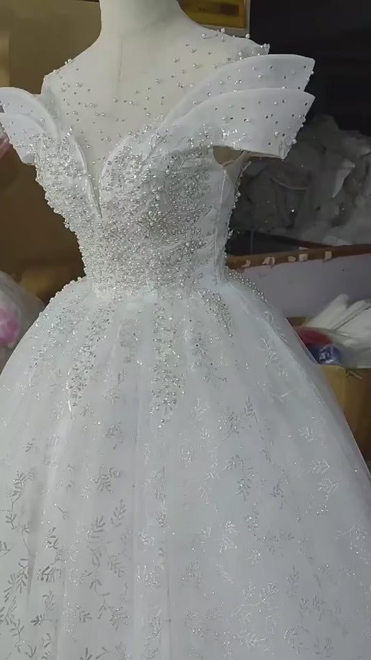 D120 Prinzessin Sexy Luxus Kristall Perlen Hochzeitskleid Puff Tüll weiße Hochzeitskleid Einfache Braut Kleid Frauen