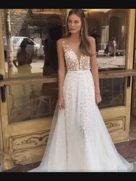 Vestidos de novia de encaje de corte A, vestidos de novia de playa con cuello en V profundo para mujer, vestidos de novia bohemios hasta el suelo, vestidos de novia glamurosos de talla grande 