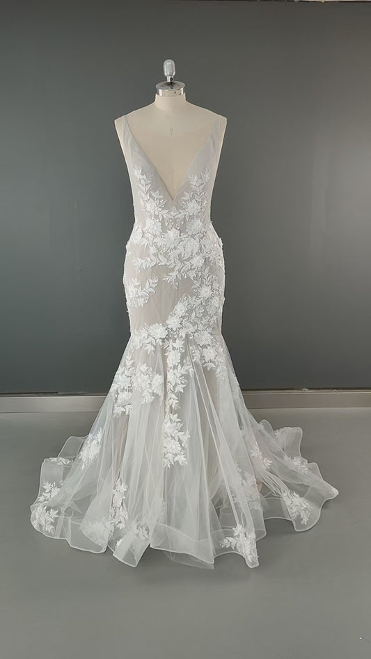 Robe de mariée sirène Vintage, col en v, dos nu, avec des Appliques en dentelle, fleurs 3D, robe de mariée de campagne, grande taille, sur mesure 