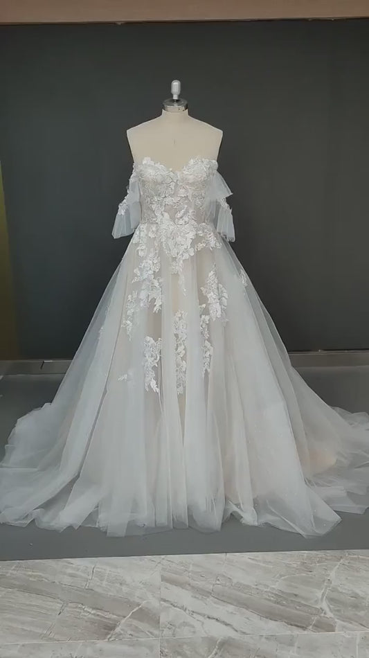 Vestido de novia bohemio champán, Apliques de encaje de tul sin espalda, vestidos de boda de playa con hombros descubiertos, vestido de novia de princesa 