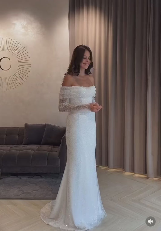 Bling Paillierte von der Schulter voll Ärmel Meerjungfrau Hochzeitskleider abnehmbarer Zug Vestido de Renda estilo serea