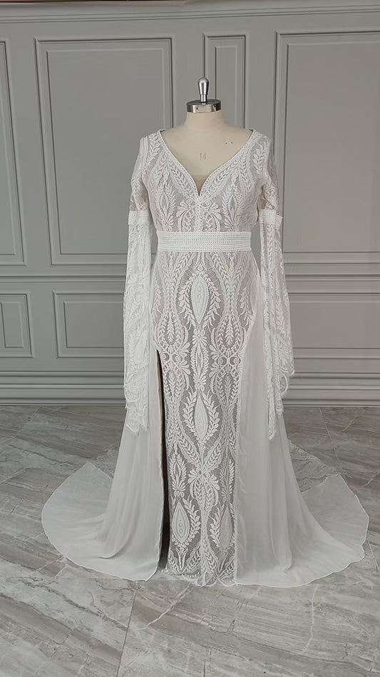 Long Split Bell Sleeves Boho Bridal Gowns Custom Made V Neck Front Leg Slit Cutout Backless A Line Chiffon Lace Wedding Dress