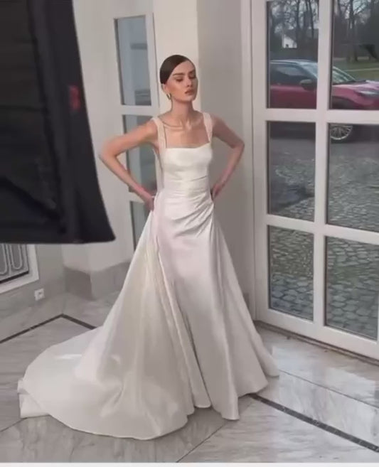 Gaun Perkahwinan Sederhana Satin Gaun Pengantin Seksi Kolar Square Backless Anggap untuk Parti Formal Elegant Vestidos de Novia