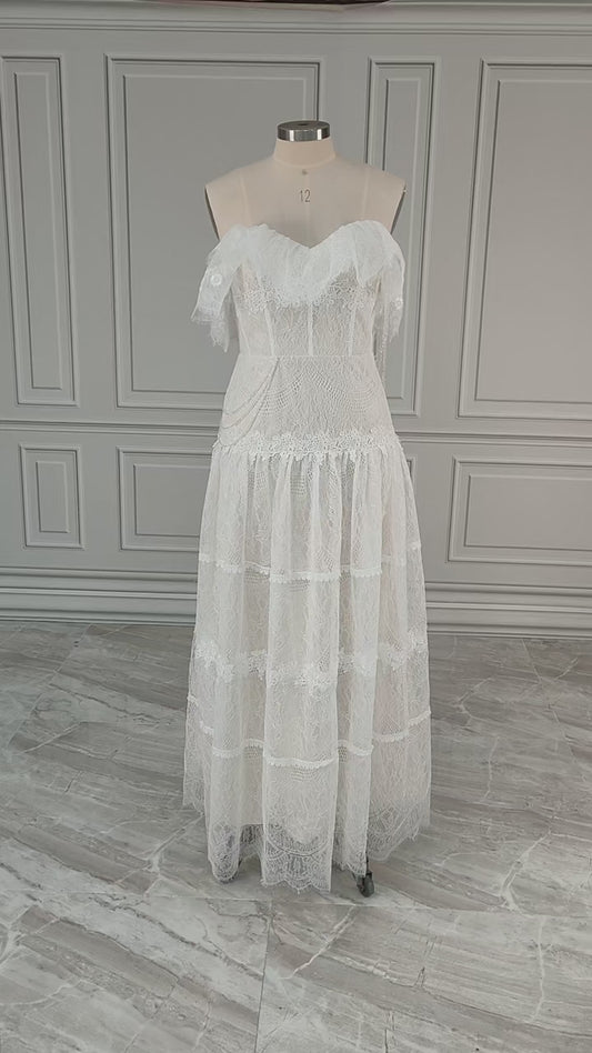 Abiti da sposa a pizzo pieno bohémien fuori dalla spalla arruffi una linea abiti da sposa Beach Boho Robes de Mariée Plus Times