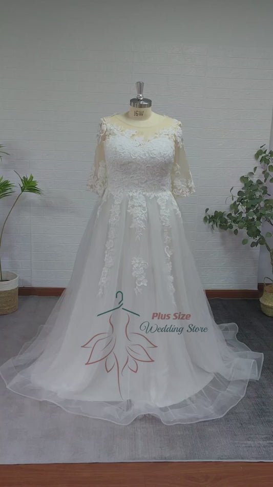 Klassische Plus-Size-Hochzeitskleid große Frauenbrautkleider schaufeln halbe Ärmel Applique Glitzer Tüll A-Line-Kleider