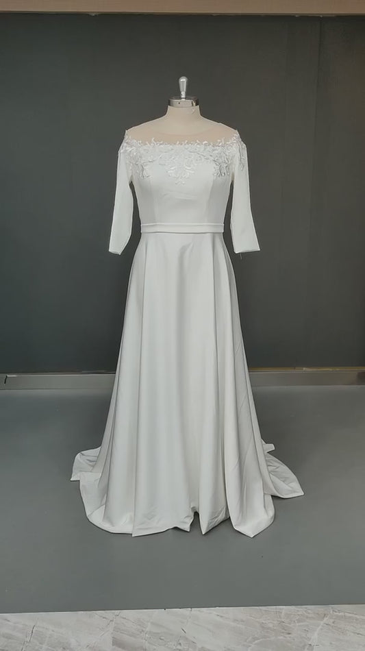 3/4 Lengan O-Neck Dress Wedding A-line Appliques Satin Subman Bridal Gaun untuk Wanita Robe de Mariee Simle Civil