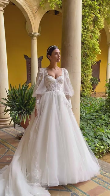 Vestidos de novia elegantes de corte en A, escote en forma de corazón, mangas largas abombadas, apliques, vestidos de novia, tren de barrido, vestidos de fiesta para novias