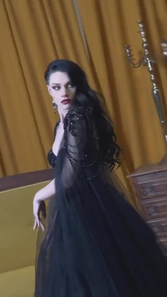 Vestido de novia de corte a con purpurina y cuentas negras, elegante chal desmontable, vestidos personalizados, vestido Sexy con forma de corazón y cuello para mujer