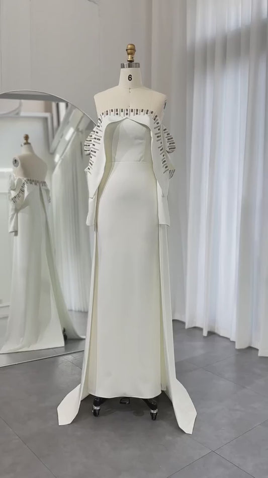 Elegant Off White Mermaid Dubai Abendkleid mit Cape Long Ärmel vor schulter arabischen Hochzeitsfeierkleidern