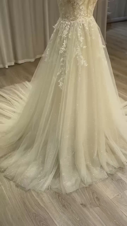 Spalline di spaghetti a V profonde a V una linea abiti da sposa in pizzo per donne senza maniche boho da sposa