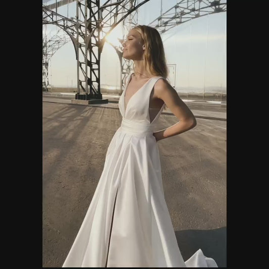 Vestido De novia De línea 17A, largo hasta el suelo con abertura lateral De satén, hecho a medida para mujer, bata De novia con bolsillo blanco elegante