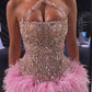 Luxury Crystals Beading Short Prom Dresses Pink Halter Feathers Mini Cocktail Dress vestidos de gala mujer Gala Event Party Gown