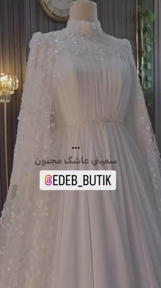 Dubai Muslim Mewah Pakaian Perkahwinan Beading Lace A-Line High Neck Abito Da Sposa Chiffon Lipat Lengan Panjang Gaun Pengantin