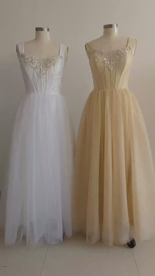 Robe de mariée trapèze Champagne clair, sans manches, longueur cheville, style Boho, robe de princesse brillante 