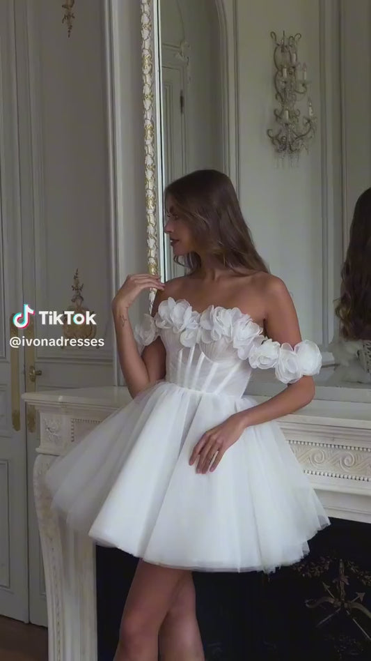 Gaun Pengantin Pendek A-Line off the Shoulder 3D Brides Brides Gaun Pesta Untuk Wanita Renda Pengantin Gaun Koktail Pengantin