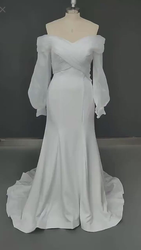 Vestidos de noiva de sereia de cetim macia e machados do vestido de noiva de manga de ombro elegante clássico de noiva de verdadeira vestidos de noiva