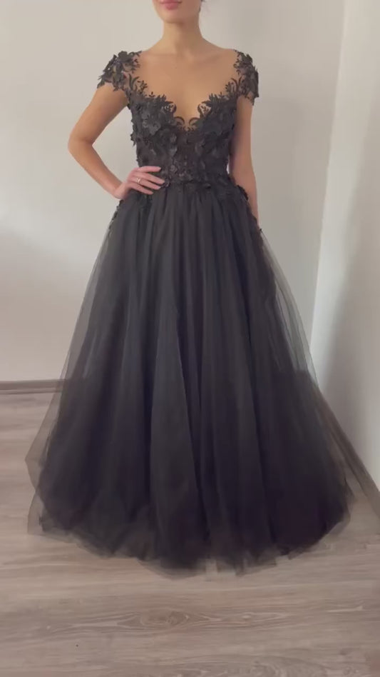 Vestido de noche con cuentas, vestido de baile negro con cuello transparente, Apliques de encaje de tul, vestidos formales florales para fiesta de graduación, largo hasta el suelo para mujer