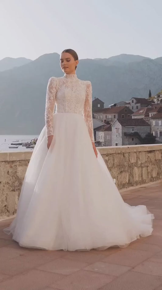 Abiti da sposa in pizzo glitter vintage Appliques Pulsanti per maniche al collo alto Abiti da sposa con abito da sposa della gonna di tulle