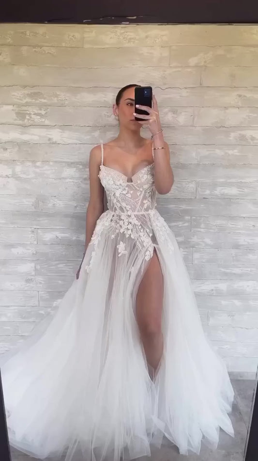 Vestido de novia con tirantes finos de princesa para mujer, apliques de encaje de color marfil, sin mangas, largo hasta el suelo, vestido de baile nupcial 