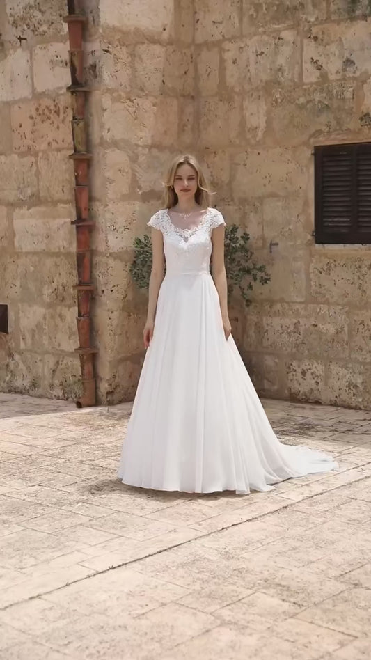 Gaun pengantin a-line elegan wanita ilusi renda kembali lengan pendek o-neck chiffion bridal gown sweep train vestidos de noiva