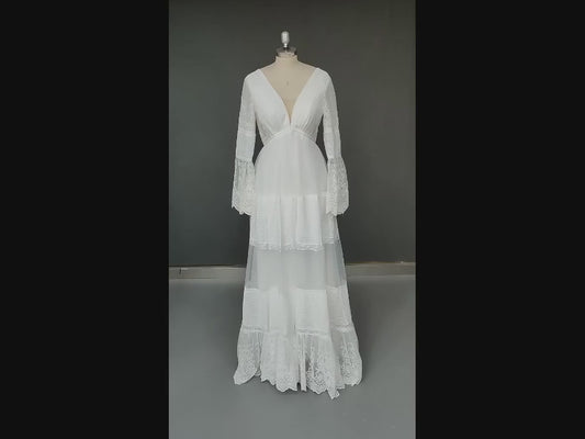 Gaun pengantin boho renda lengan panjang v-neck backless sapuan kereta lipatan pantai gaun pengantin gaun pengantin gaun vestido de noiva