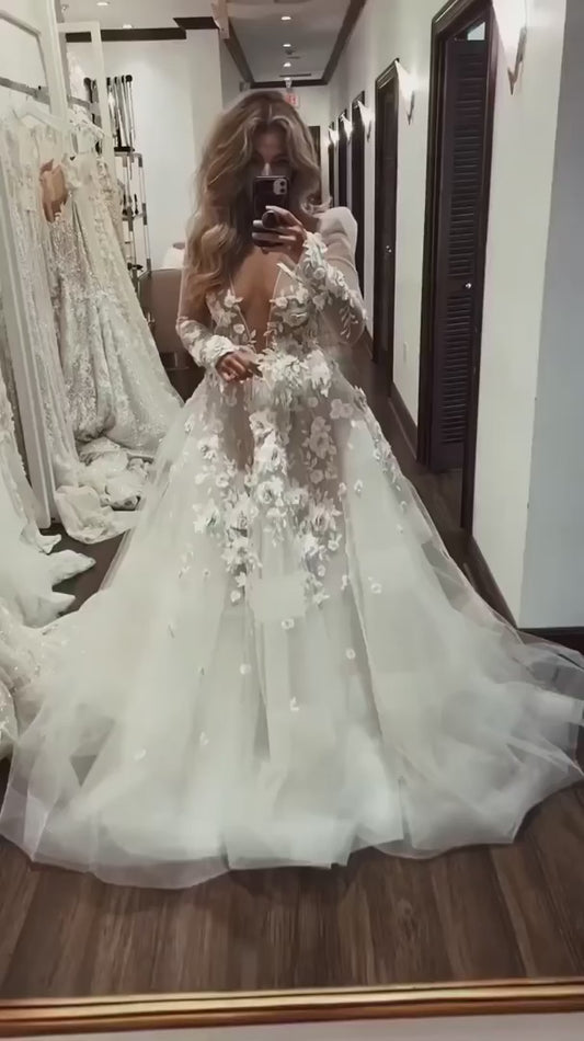 Vestido de novia de línea A con cuello en V, vestido de novia con apliques, vestido de novia de manga larga de tul, vestido de novia de cola de corte 