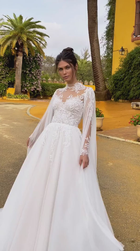 BOHO Langarmes Spitzen Applikationen Unkraut Kleider mit Cape High Neck Eine Linie Illusion Strand Brautkleider Prinzessin Robe de Mariéee