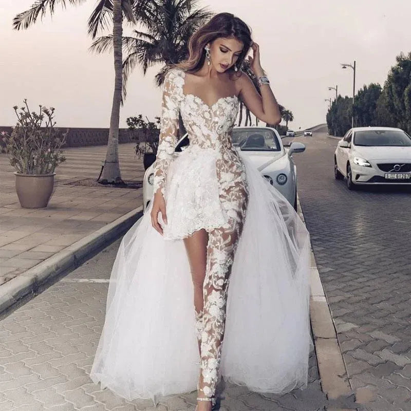 Elegant Wedding Dresses for Women Lace Appliques One Shoulder Overskirts Wedding Dress with Pants Robe De Mariée SWEETHEART Full ivory 16 Boho