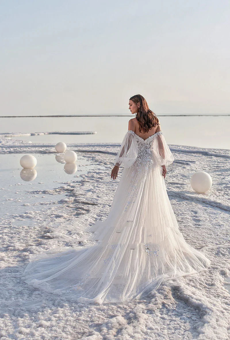 Gaun pengantin bohemian wanita elegan lengan gelembung applique seksi buka gaun pengantin gaun formal pantai formal pesta pantai formal