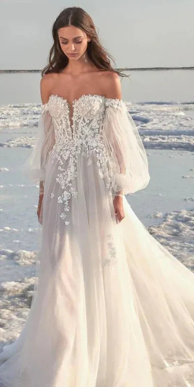 Bohemian Wedding Dresses Women's Elegant Bubble Sleeve Applique Sexy Open Back Bridal Gowns Formal Beach Formal Beach Party Ivory 14w