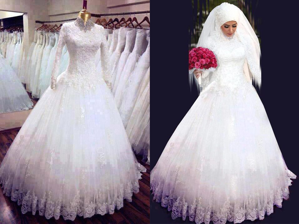 2022 Mangas compridas Vestido de noiva muçulmano Decote alto Robo longo de Mariage