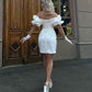 White Off the Shoulder Prom Dresses Mini Satin فساتين السهرة Elegant Puffy Sleeves Knee-Length vestidos verano moda