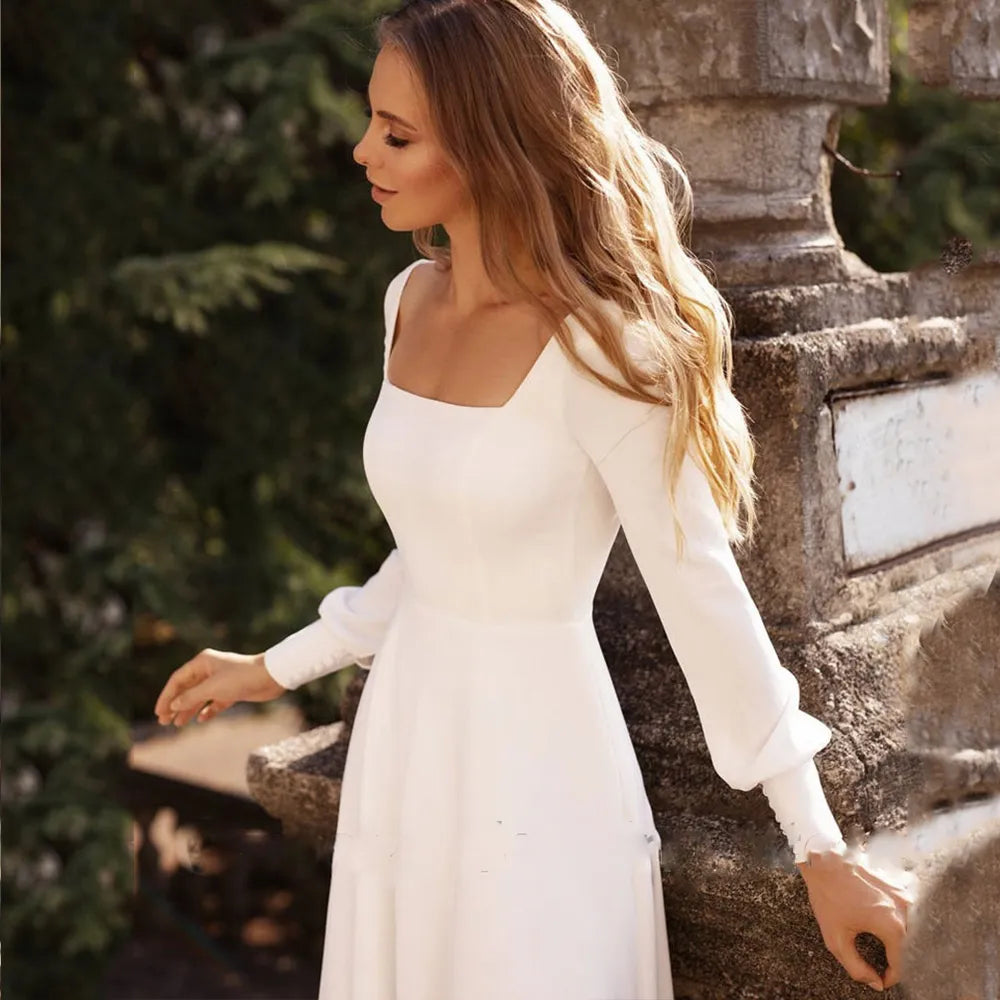 Elegant A-Line Wedding Dresses Women Square Collar Long Sleeve Open Back Satin Simple Bridal Gown Sweep Train Vestidos De Noiva