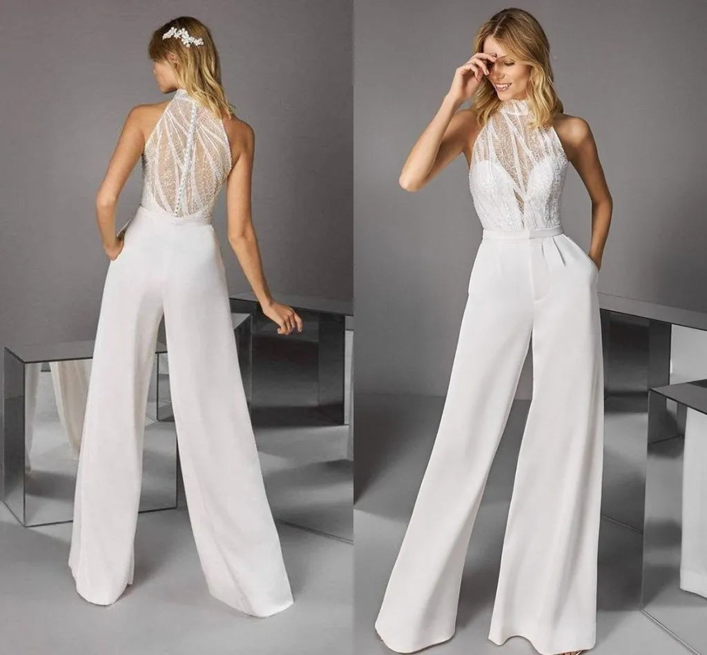 Ivory Jumpsuit Wedding Dress With Pocket Pants Suit High Halter Neck Sexy Illusion Sequins Bride Dress With Pants Outfits Custom