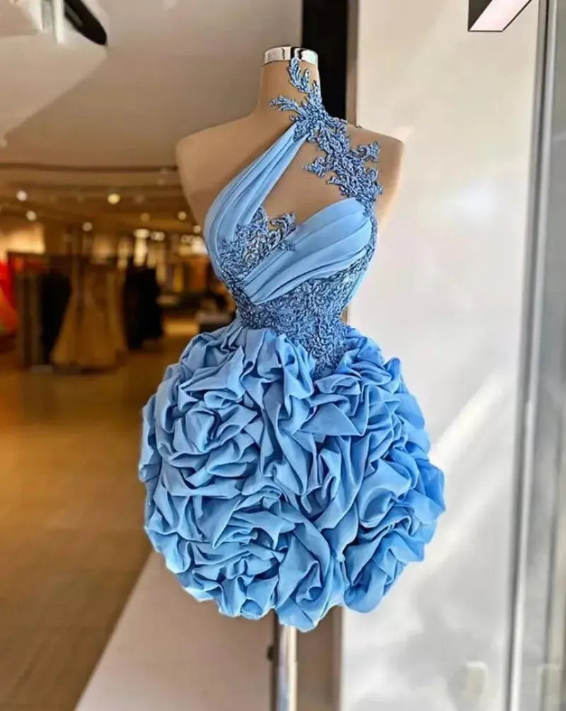 Blue 3D Ruffles Short Prom Dress Lace Appliques Chic Women Cocktail Dresses Event Gown vestidos de fiesta Customized Blue