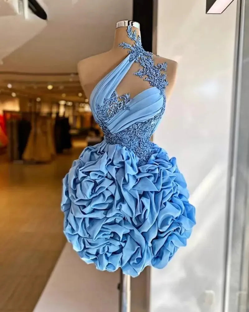 Blue 3D Ruffles Short Prom Dress  Lace Appliques Chic Women Cocktail Dresses Event Gown vestidos de fiesta Customized