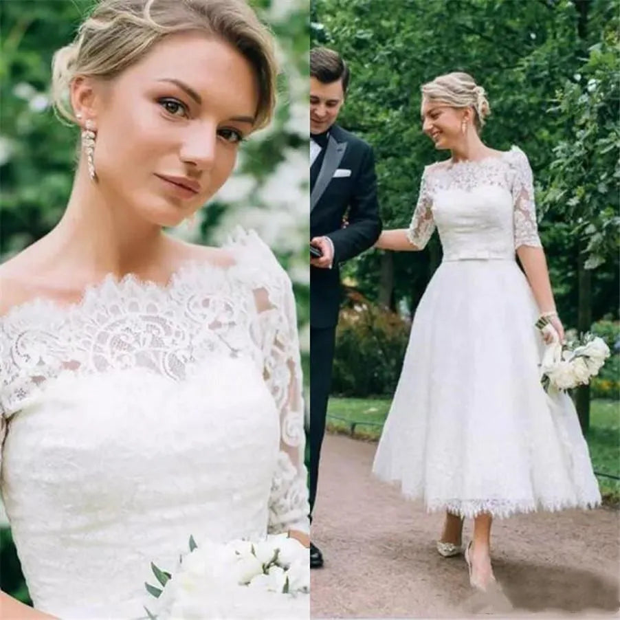 Vestido de noiva elegant a-line kurze Brautkleider halbe Ärmel Applikationen Spitzenbrautkleid Hochzeitskleid Robe de Mariee