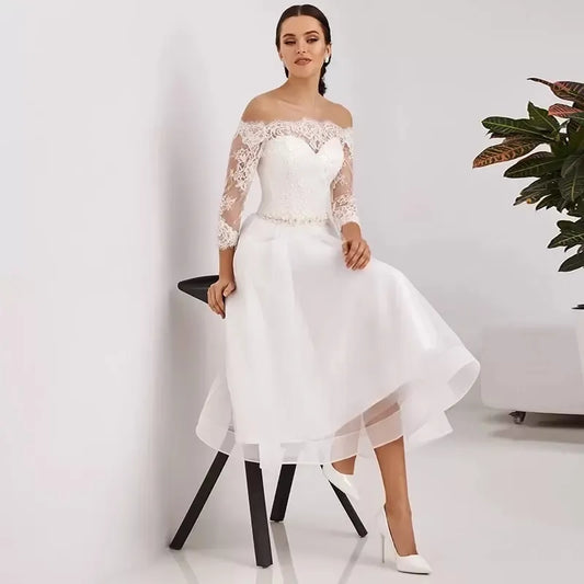 Vestido de novia corto, vestido de novia blanco marfil, vestidos de novia blancos, Apliques de encaje, vestido de fiesta de boda de satén hecho a medida